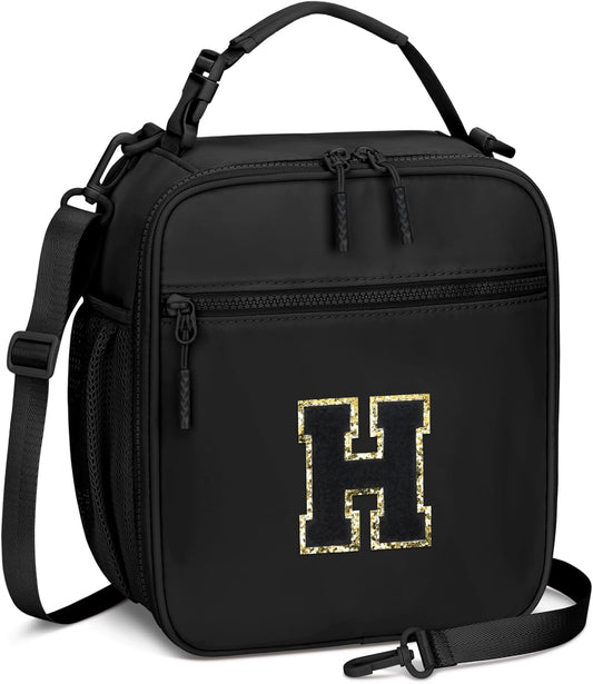 Initial Insulated Lunch Bag for Boys Kids, Back to School Gift, Reusable Leak-proof Lunch Box with Adjustable Strap for School Daycare Travel Picnic（Black，H）