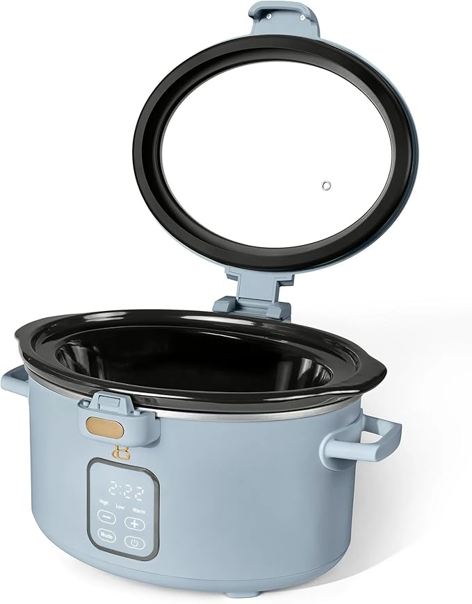 Beautiful 4-Qt Programmable Slow Cooker with Hinged Locking Lid & Touch Display – 3 Heat / 4 Timer Settings (Cornflower Blue)