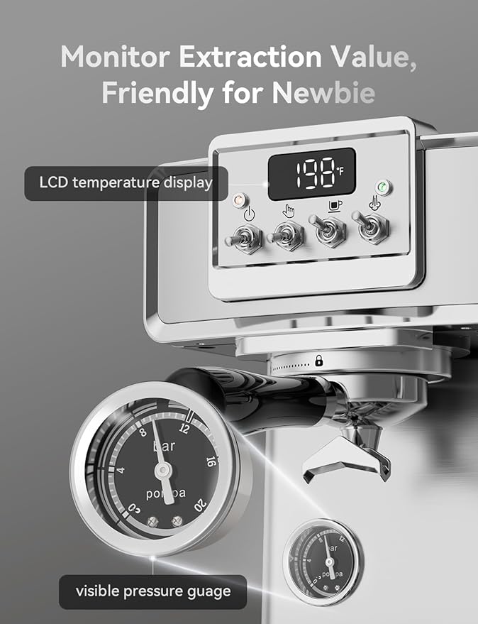 Neretva Espresso Coffee Machine, Professional Espresso Machine with Pressure Gauge 15Bar Retro Espresso Maker with Power Milk Frother Stainless Steel for Home Barista Latte and Cappuccino Maker-Silver