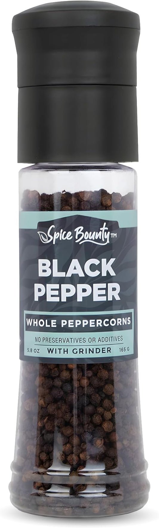 Spice Bounty - Whole Black Peppercorns with Grinder 5.8 oz | Adjustable Pepper Mill, Freshly Ground Pepper, Natural Seasoning Spice