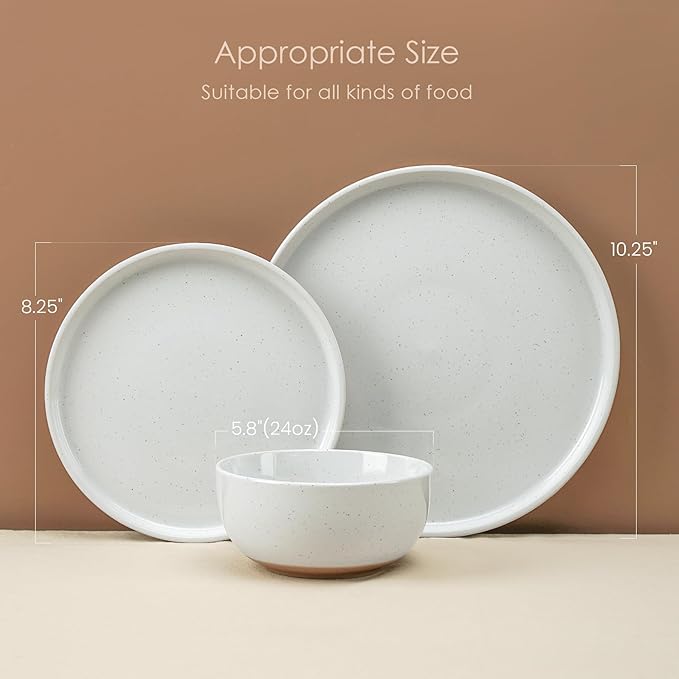 24 Pieces Farmhouse Stoneware Dinnerware Set for 8, Speckled Ceramic Plates and Bowls Set, Matte Terracotta Underside Ceramic Dish Set Scratch Resistant Microwave Dishwasher Safe (Daylight)