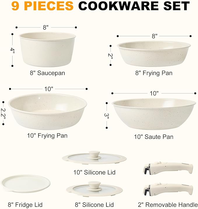 9 Pcs Ceramic Cookware Set Non Stick Frying Pots and Pans Set Non Toixc Cookware-PFAS/PFOA/PTFE Free, with Detachable Handle for RV Kitchen, Induction & Dishwasher Safe Cream White