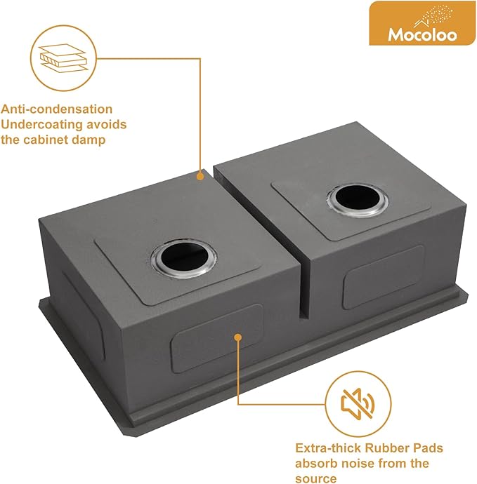 Mocoloo Double Bowl Kitchen Sinks - 50/50 Undermount Double Bowl 16 Gauge Low Divide Workstation 33 x 19 Inch Stainless Steel Sink Handmade, 10'' Deep Basin