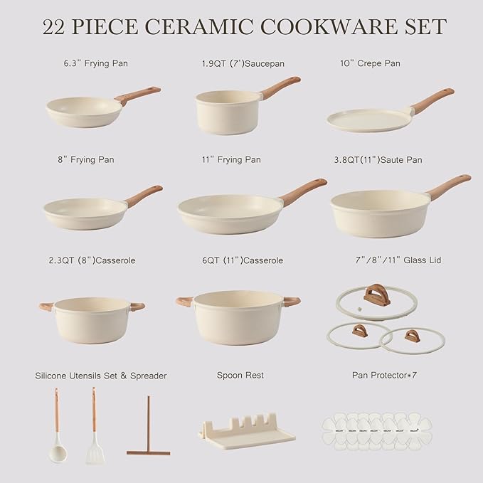 Pots and Pans Set Non Stick Non-Toxic 22 Pcs Ceramic Cookware Sets Nonstick Kitchen Pot&Pan With Lid Cream White Granite Induction Compatible with Glass Lids Crepe Frying Pan PFOA/PFOS-Free
