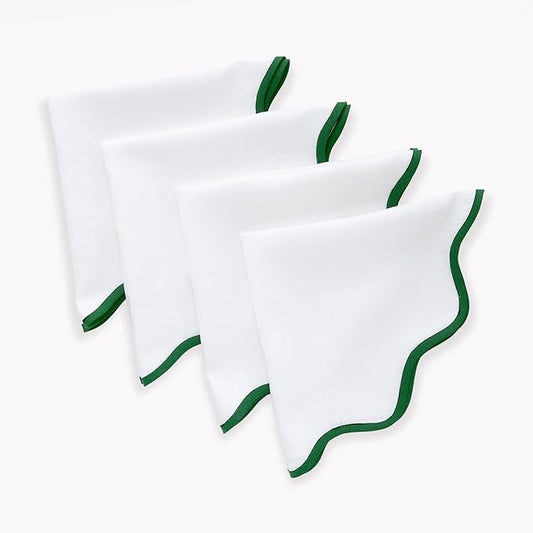 Solino Home Linen Napkins Set of 4-100% Pure Linen Garden Green and White Dinner Napkins Cloth 20 Inch for Thanksgiving, Christmas, Winter - Giselle Scallop Edge, Handcrafted and Machine Washable
