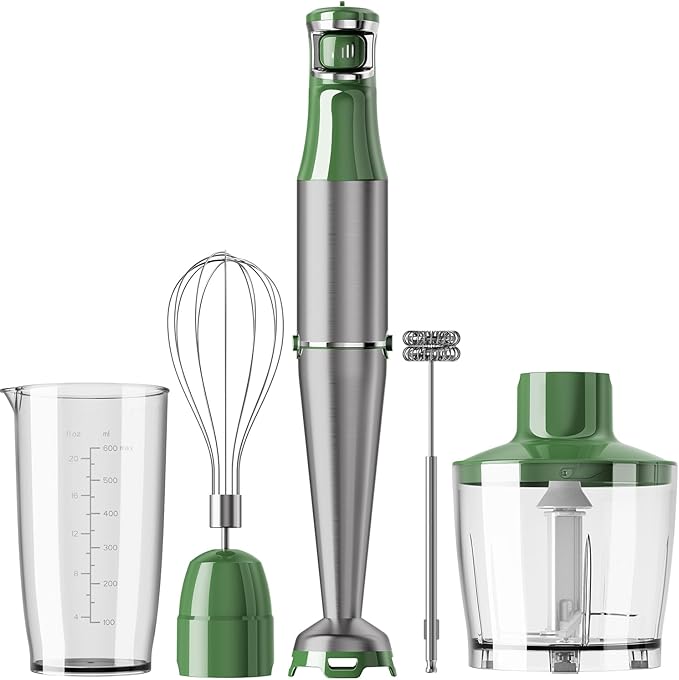 Immersion Blender Handheld Corded Hand Blenders Set 1100W, Trigger Variable Speed 5 in 1 Stick Emulsifier with Chopper, Whisk and Frother for Soup, Baby Food and Smoothies, Green
