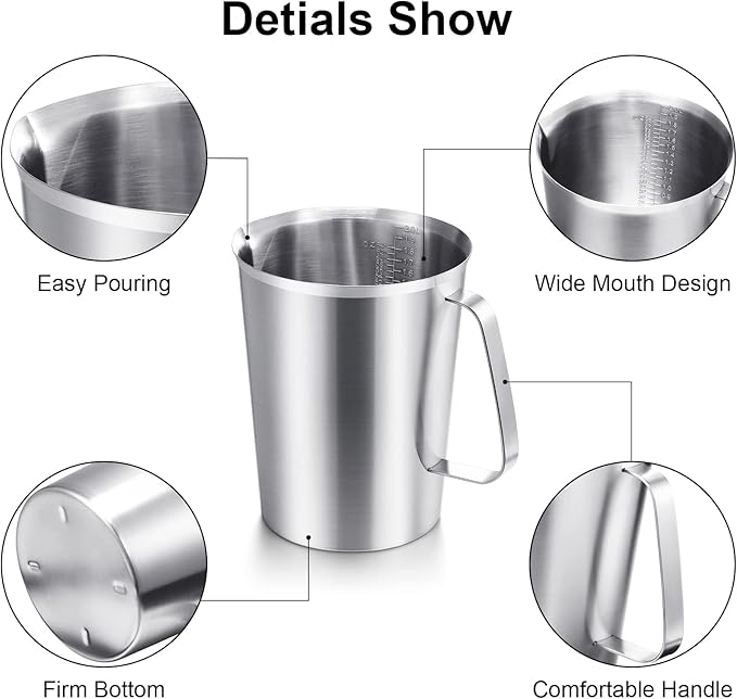 Flutesan 3 Pcs Stainless Steel Measuring Cups Measuring Pitcher with Handle with Markings for Latte Art, Water Pouring 2/4/8 Cup (16/32/64 oz)