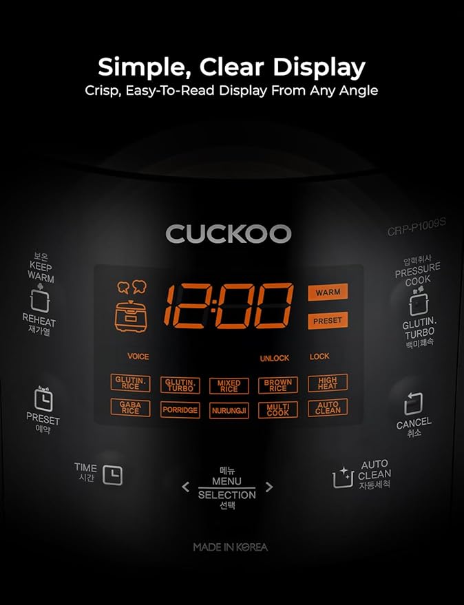 CUCKOO High Pressure Rice Cooker 10-Cup Uncooked / 20-Cup Cooked with Nonstick Inner Pot, Large Rice Maker with 13 Menu Options and Steam Plate, Fuzzy Logic Tech, Voice Guide, Black (CRP-P1009SB)