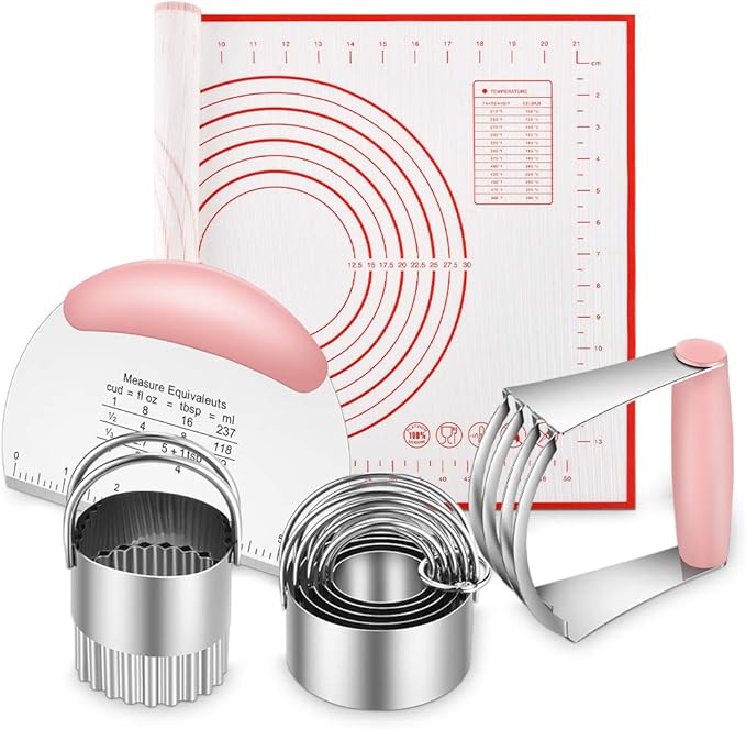 Stainless Steel Biscuit & Dough Cutter Set - 5 Pcs/Pink, Silicone Baking Mats, Pastry Blender