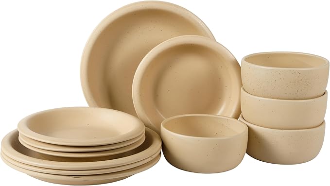 Bloomhouse - Two Time Oprah's Favorite Things Winner - Corsica Clay 12 Piece Stoneware Rustic Reactive Glaze Dinnerware Set - Stackable Plates Bowls Set. Service for 4 - Matte Finish Cappuccino Cream