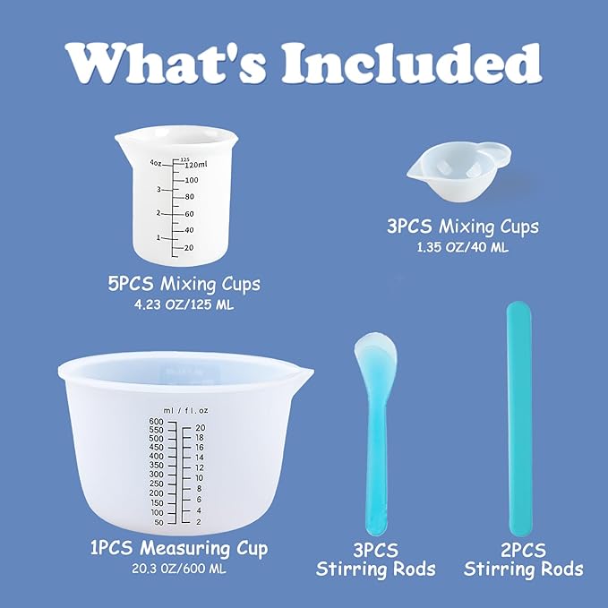 Silicone Measuring Cups Set 600ml/20oz Accurate Scale & 125ml/4.4oz Thickened Reusable Silicone Cups for Resin Molds Silicone Stirring Stick DIY Resin Art Craft Supplies Resin Accessories
