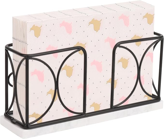 Napkin Holder with Marble Base, Guest Towel Paper Dispenser for Table, Modern Metal Napkin Stand, Ideal for All Bathroom Vanity, Kitchen Decor Accessories (Matte Black, 4 Inch)
