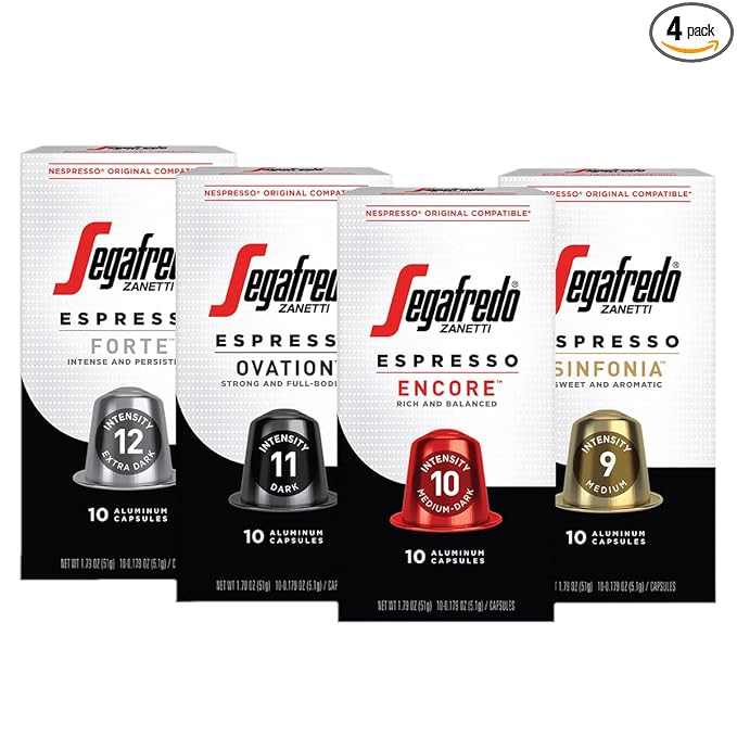 Segafredo Zanetti Espresso Capsules – Aluminum Pods for Nespresso Original Machines – 4 Flavor Variety Pack Premium Espresso – Forte, Ovation, Encore, and Sinfonia – Variety, 10 Count (Pack of 4)