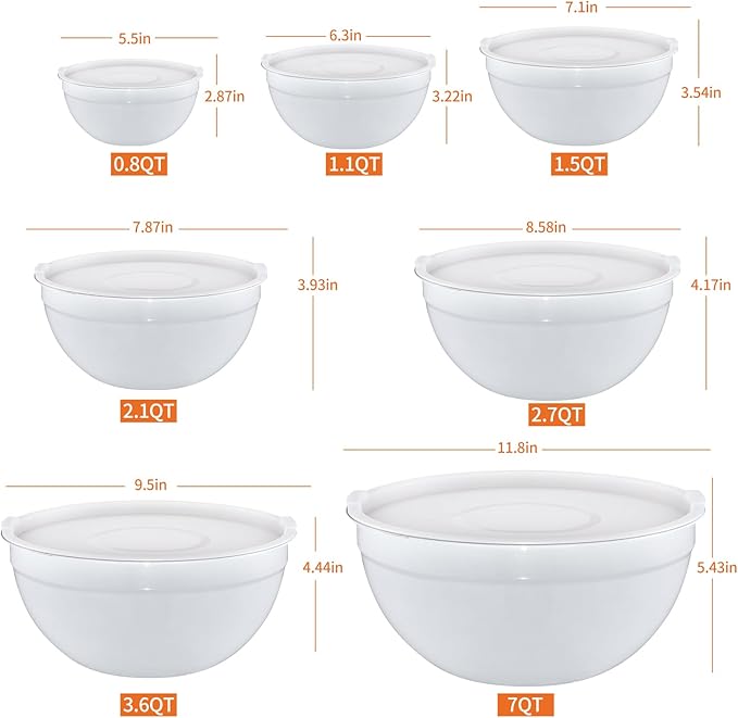 White Mixing Bowls with Airtight Lids, Stainless Steel Nesting Mixing Bowls Set of 7, Ideal for Baking, Prepping and Serving Food, Size 7, 3.6, 2.7, 2.1, 1.5, 1.1,0.8 QT, Stackable Design
