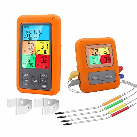 Color Screen Wireless Meat Thermometer for Grilling and Smoking, 4 Temperature Probes Food Thermometer for Outside Grill, BBQ Thermometer for Cooking Baking Turkey Fryer Smoker Acessories