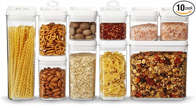 Felli Flip Tite Storage Container with 4 Inch Lid SQUARE & RECTANGLE, Air Tight Ring Seal Top Clear Acrylic Canister Jar, Spice Pasta Cereal Snack Pantry Organizer, Gift Set for Women (10pk, Variety)