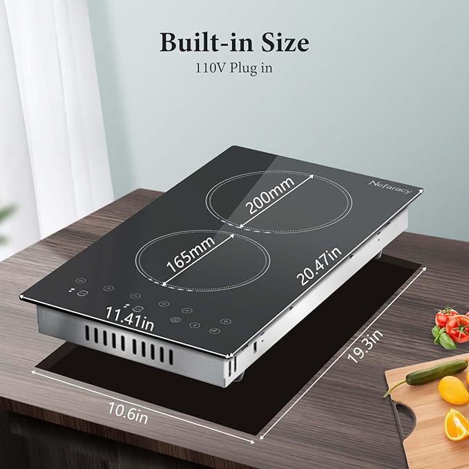 2 Burner Electric Cooktop 12 Inch, 110V Electric Stove with Touch Control, 2000W Ceramic Cooktop, Built-in & Countertop, Overflow Protection, Safety Lock, Timer(Plug in)