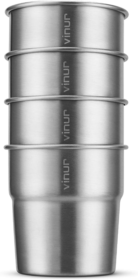 VINUR 4 Pack Stainless Steel Cups 8 oz Pint Tumbler Stackable Metal Drinking Glasses for Travel, Camping, Outdoors (Silver)