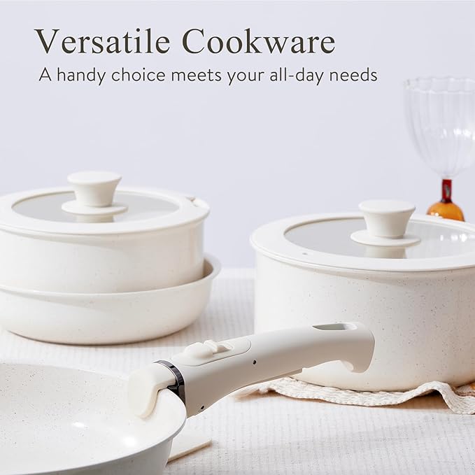 Pots and Pans Set Healthy Non toxic Non Stick Ceramic Cookware Set 21 Pcs Detachable Handles, Oven Safe, Induction Dishwasher, Stackable Frying Pan (PFOS, PFOA Free),Cream White