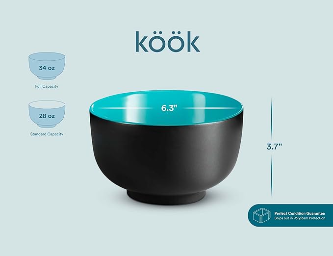 KooK Ramen Bowl, Japanese Bowls, Noodle Bowls, Large Soup Bowl, Ceramic, Large Capacity, For Ramen, Pho, Udon, Soba, Microwave and Dishwasher Safe, 34 oz, Set of 4 (Black/Teal)