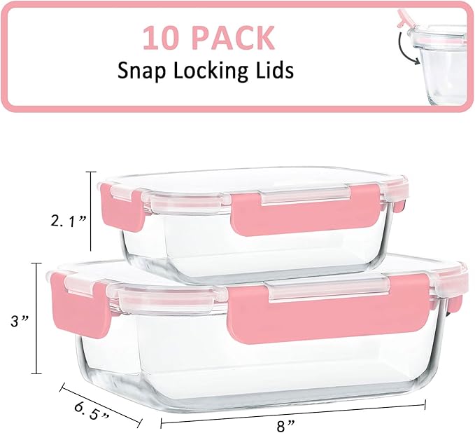 M MCIRCO [10-Pack Meal Prep Containers with Snap Locking Lids, Glass Airtight Lunch, Food Storage Containers, Microwave, Oven, Freezer and Dishwasher Friendly, Pink