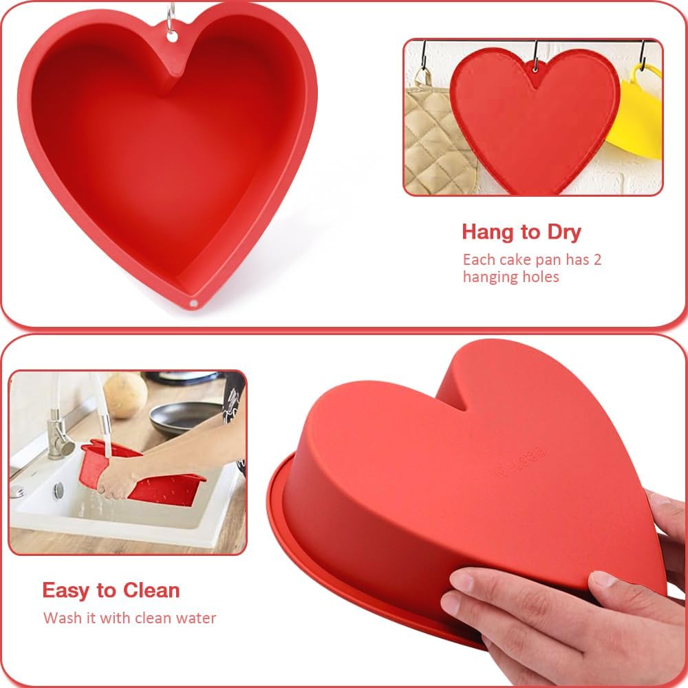 Alimat PluS 8 Inch Silicone Heart Shaped Cake Pans, 2 Pack Heart Cake Pan with Hanging Hole(Red)