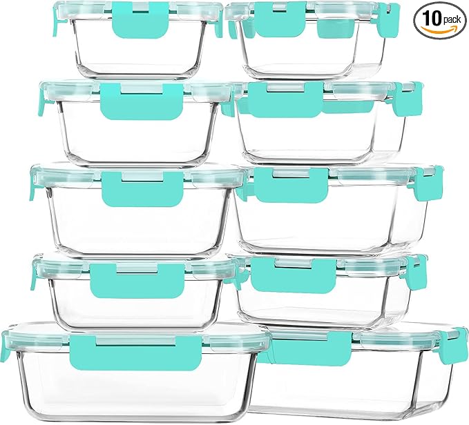 M MCIRCO 10-Pack Glass Food Storage Container with Lids, Airtight Lunch Bento Boxes, Glass Meal Prep Container,Microwave, Oven, Freezer and Dishwasher Friendly, Green