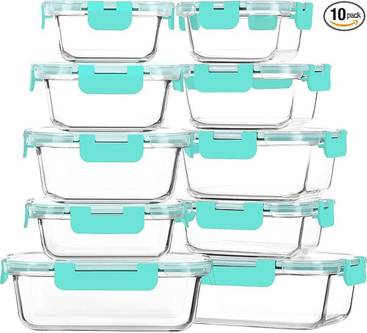 M MCIRCO 10-Pack Glass Food Storage Container with Lids, Airtight Lunch Bento Boxes, Glass Meal Prep Container,Microwave, Oven, Freezer and Dishwasher Friendly, Green