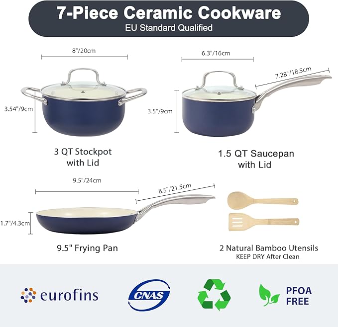 Pots and Pans Set, 7 Piece Nonstick Ceramic Cookware Set, Kitchen Induction Cookware Sets, Pots and Pans Non Stick with Oven Safe Handle, 100% PFOA Free, Blue