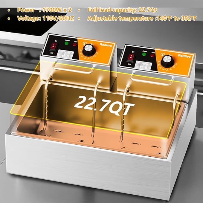 Electric Deep Fryer 3400W Hot 22.6QT/24L Commercial Deep Fryers with 3 Baskets Countertop Oil Fryer for Restaurant Use and Home Kitchen with One - Touch Switch & Temperature Contro