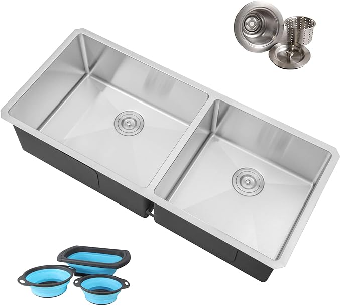 42 in. x 19 in. x 10 in. 16-Gauge Stainless Steel Undermount 60/40 Offset Double Bowl Kitchen Sink with Collapsible Colander Set and Strainer