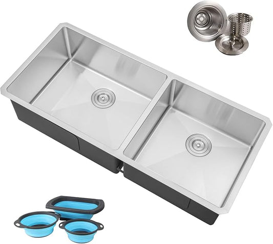 42 in. x 19 in. x 10 in. 16-Gauge Stainless Steel Undermount 60/40 Offset Double Bowl Kitchen Sink with Collapsible Colander Set and Strainer