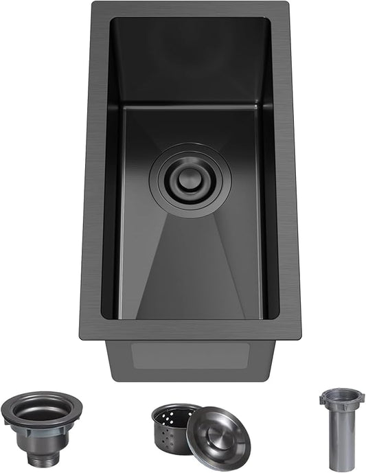 10x18x8 Inch Black Undermount Bar Sink, Deep Single Bowl Compact RV & Prep Sink, 18 Gauge T304 Stainless Steel with Drain Strainer