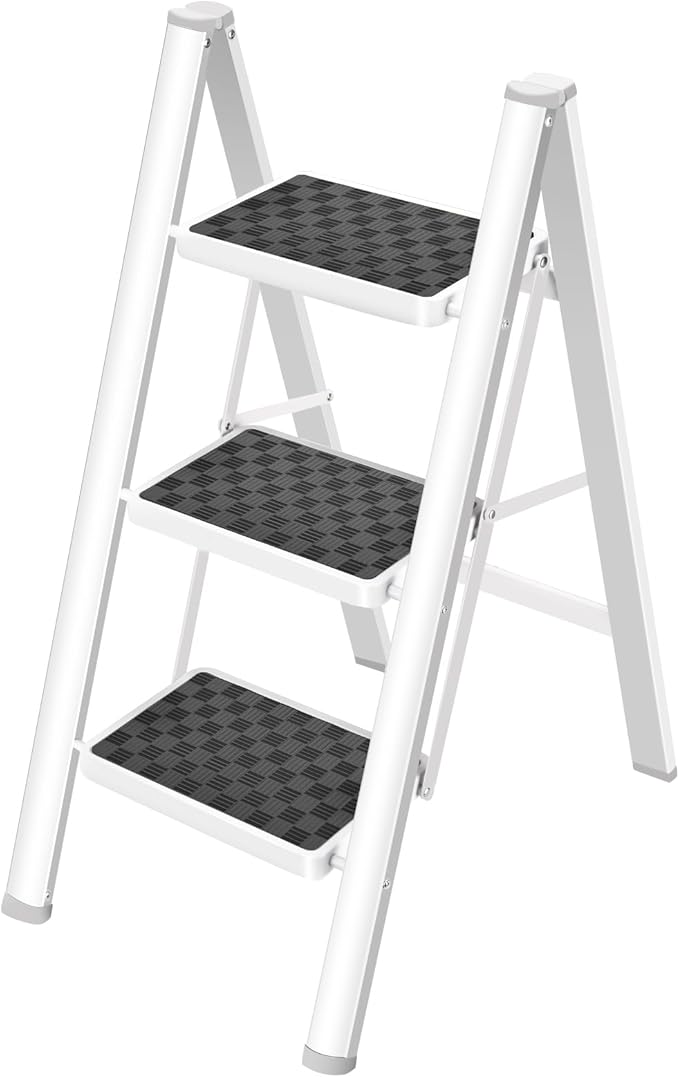 HBTower 3 Step Ladder Folding Step Stool, 330 Lbs Capacity Step Stool for Adults, Closet Step Stool Ladder with Anti-Slip Wide Pedals Household Office, White