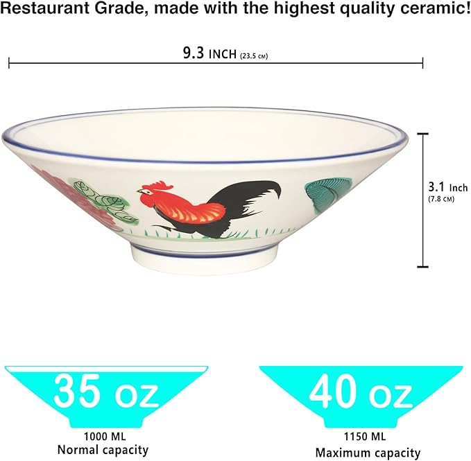 porcelain Japanese Ramen Bowls Soup Bowl, Microwavable, Dishwasher Safe, for Rice, Udon, Soba, Pho, 35 oz, Set of 2, 9.3 Inch