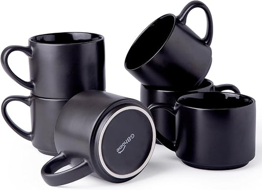 GBHOME 14 OZ Coffee Mugs Set of 6, Stackable Ceramic Mugs for Men, Women, Modern Coffee Cups With Stable Base for Latte, Tea, Cappuccino. Dishwasher & Microwave Safe, Matte Black