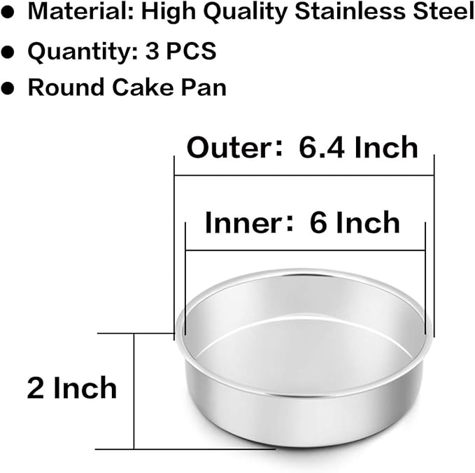 TeamFar 6 Inch Cake Pan, Round Cake Pan Tier Baking Pans Set Stainless Steel, Fit in Pot Pressure Cooker Air Fryer, Healthy & Toxic Free, Mirror Finish & Sturdy, Oven & Dishwasher Safe - Set of 3