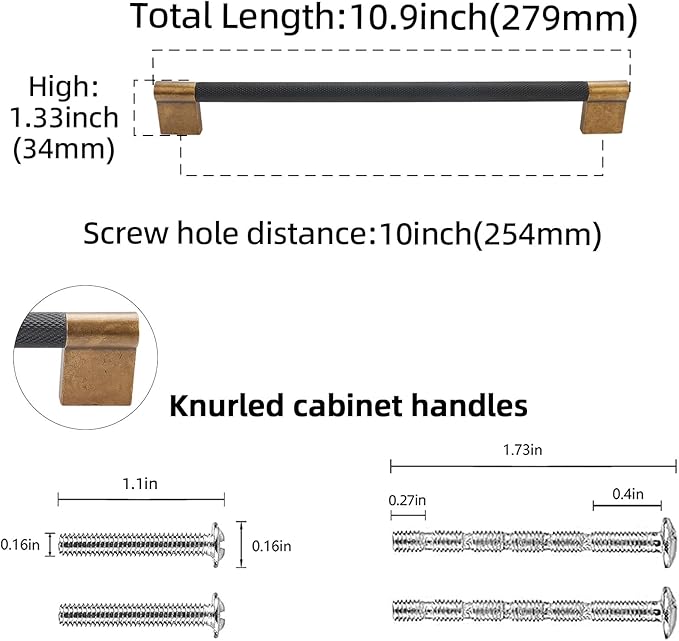 10 Pack 10 inch(254mm) Black & Antique Brass Kitchen Handles - Knurled Cabinet Pulls & Drawer Pulls