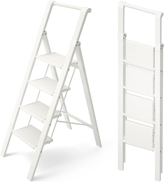HillhutApex 4 Step Foldable Aluminum Step Ladder with Handgrip, Anti-Slip Pedal, 330 lbs Capacity, Lightweight & Portable for Home, Kitchen, Office, Garage (White)