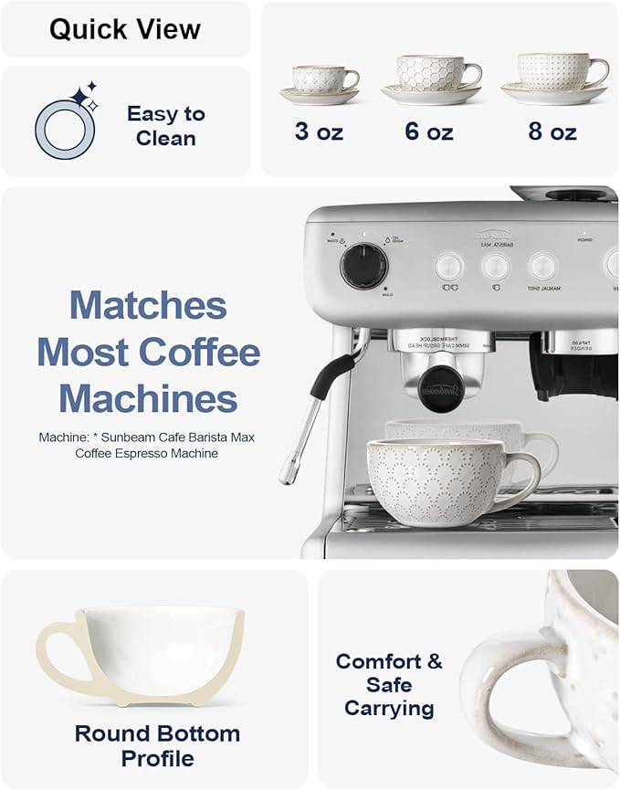 LE TAUCI Cappuccino Cups with Saucers 6 oz, Ceramic Embossment Coffee Cup for Au Lait, Double shot, Latte, Cafe Mocha, Tea, Dishwasher Safe - Set of 4, Arctic white