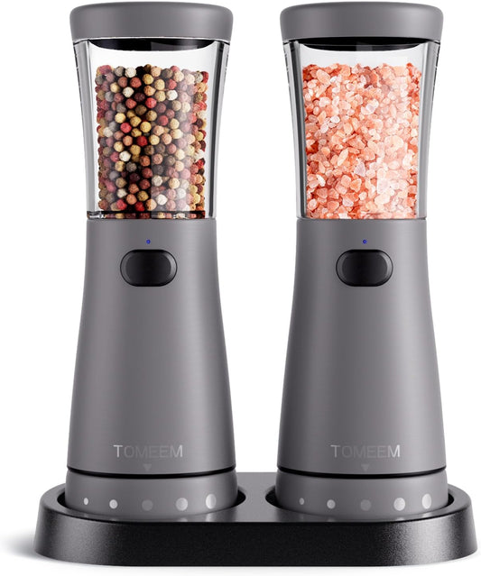 Electric Salt and Pepper Grinder Set with Storage Base, Stainless Steel Rechargeable Salt and Pepper Grinder Set with 4.5 oz Large Capacity, 1.8" Wide Mouth, Adjustable Coarseness, Ideal for Kitchen