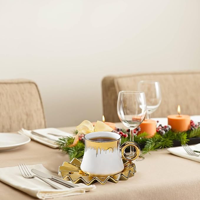 Turkish Coffee Cup - Tea Cups and Saucers Set of 6 with Gold Trim and Gift Box, 3.5oz Ceramic Cups for Turkish&Arabic Coffee, Cappuccino, Latte, Mocha, Au Lait, Double Espresso, Dishwasher Safe