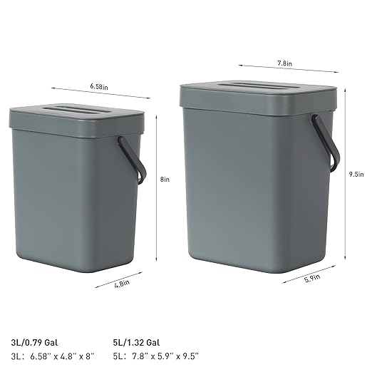 EKO Puro Mini Wall-Mounted Kitchen Trash Can with Lid Food Waste Caddy, 0.79 Gal / 3L (Grey)