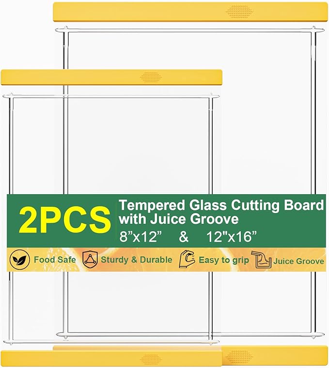 Tempered Glass Cutting Board Set for Kitchen Counter - Dishwasher Safe with Juice Grooves, Non-Slip Silicone Edges & Beveled Grip - 16"x12" & 12"x8" Serving Tray (Yellow)