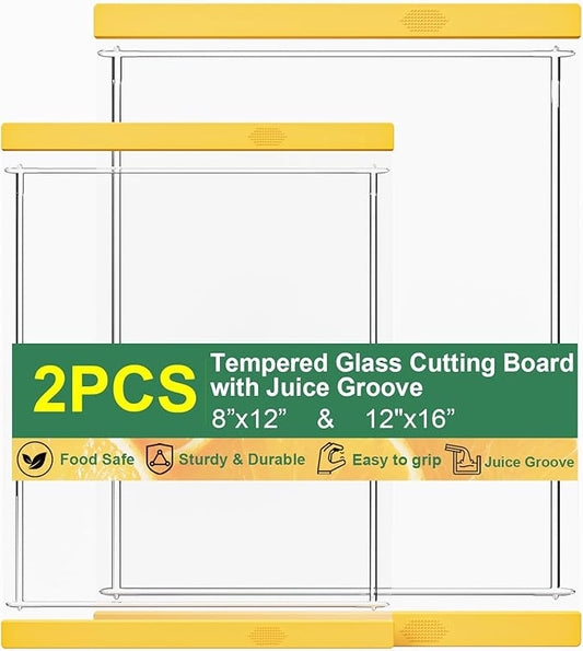 Tempered Glass Cutting Board Set for Kitchen Counter - Dishwasher Safe with Juice Grooves, Non-Slip Silicone Edges & Beveled Grip - 16"x12" & 12"x8" Serving Tray (Yellow)
