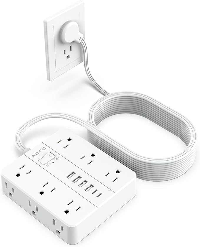 25FT Surge Protector Power Strip,12 AC Outlets with 6 USB Ports (2 USB-C), Flat Plug Extension Cord with Multiple Outlets, Wall Mount for Home Office,Dorm, White