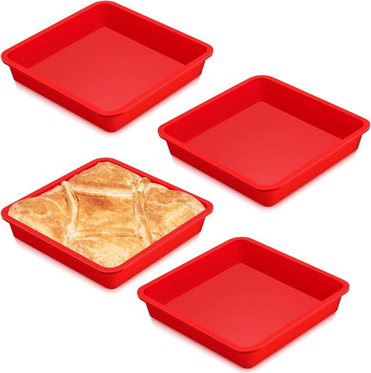 Geetery Set of 4 Silicone Square Cake Pan Silicone Brownie Pan Nonstick Baking Mold for Muffin Bread Rice Crispy Lasagna Pie, Red(8 x 8 x 1.6 Inches)