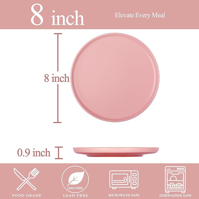 Stoneware Salad Plates Set of 4, 8 Inch Plates for Dessert, Ceramic Plates Sets, Microwave Safe, Dishwasher Safe, Versatile for All Seasons, Pink