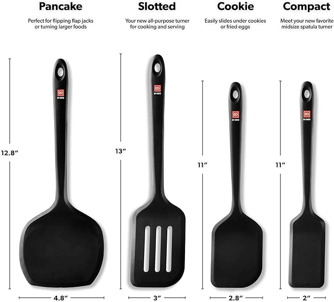 DI ORO Silicone Turner Spatula Set - Kitchen Spatulas for Nonstick Cookware - Cooking Utensils for Flipping Eggs & Pancakes - 600°F Heat-Resistant BPA Free Turners - Dishwasher Safe (4pc, Black)