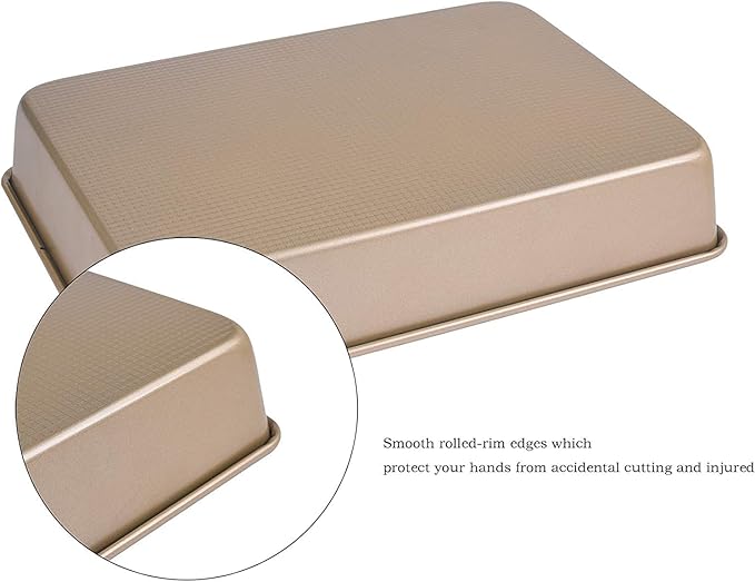 Kitcom Nonstick Roasting Pan for Baking, 13.4x9.4x2.4 Inch Cake Molds, Heavy Duty Rectangular Baking Pan for Oven, Champagne Gold
